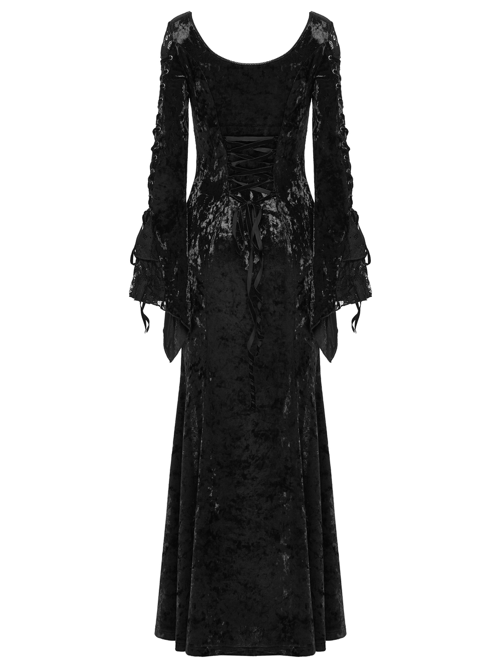 Velvet Lace Dress with Fishtail Sleeves and High Slit featuring elegant goth-inspired design.