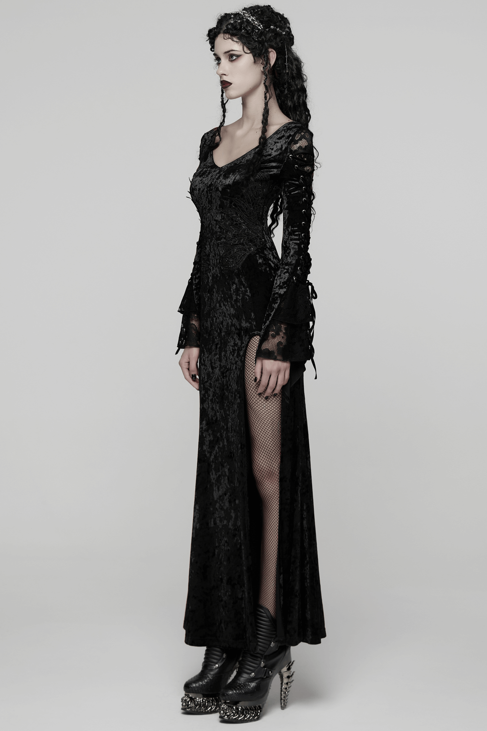 Velvet Lace Dress with Fishtail Sleeves and High Slit worn by model in a striking pose highlighting the fish scale pattern.