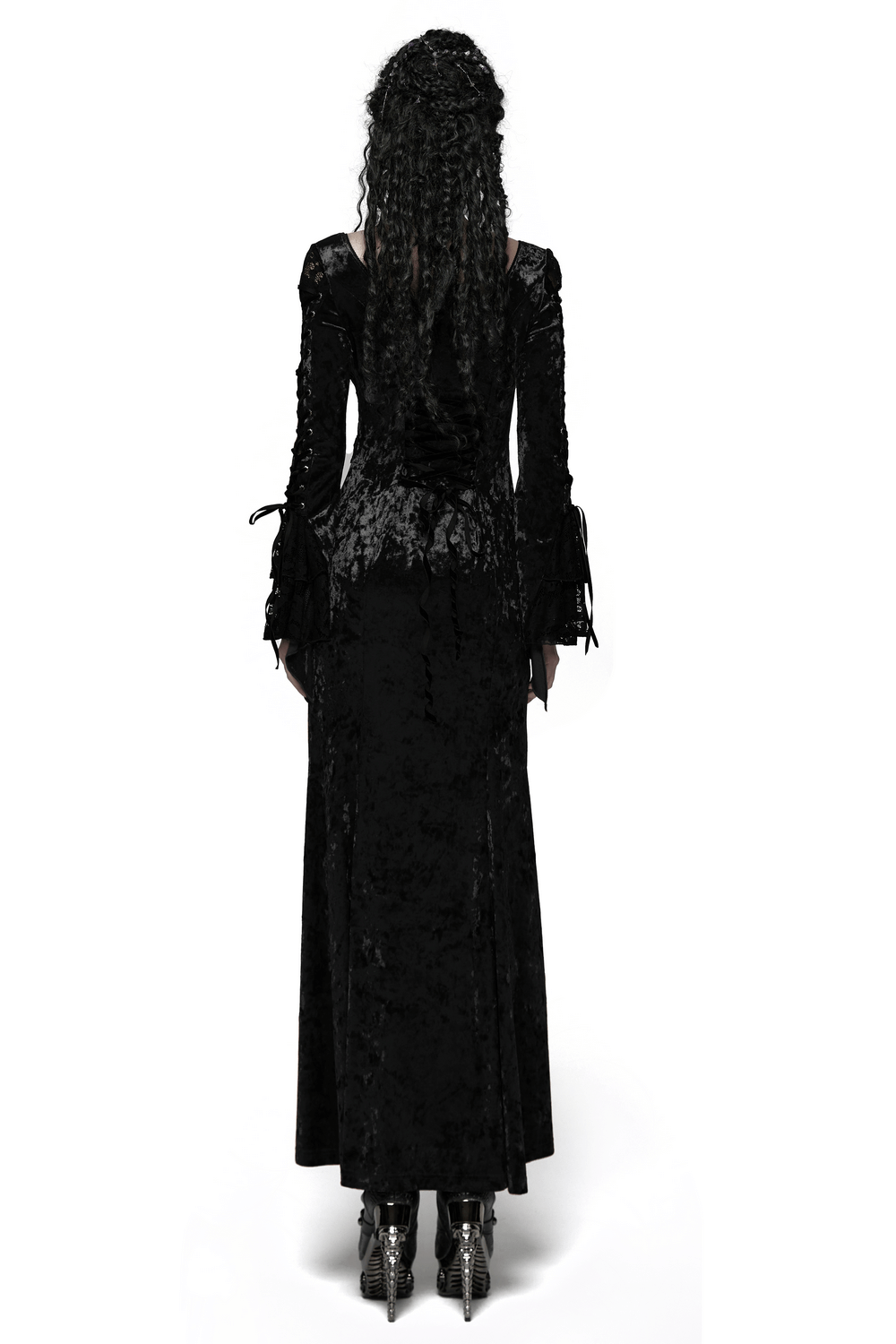Back view of a Velvet Lace Dress with Fishtail Sleeves and High Slit showcasing its striking design and texture.