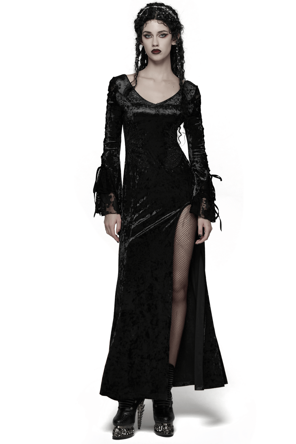 Velvet Lace Dress with Fishtail Sleeves and High Slit featuring a striking design and rebellious punk style.