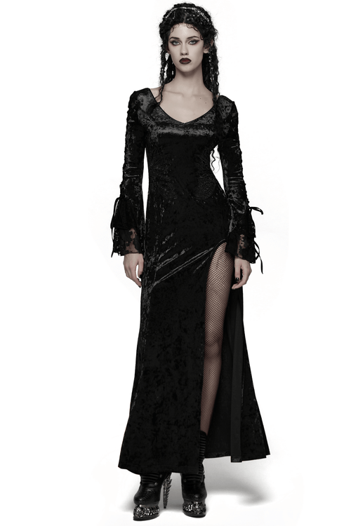 Velvet Lace Dress with Fishtail Sleeves and High Slit