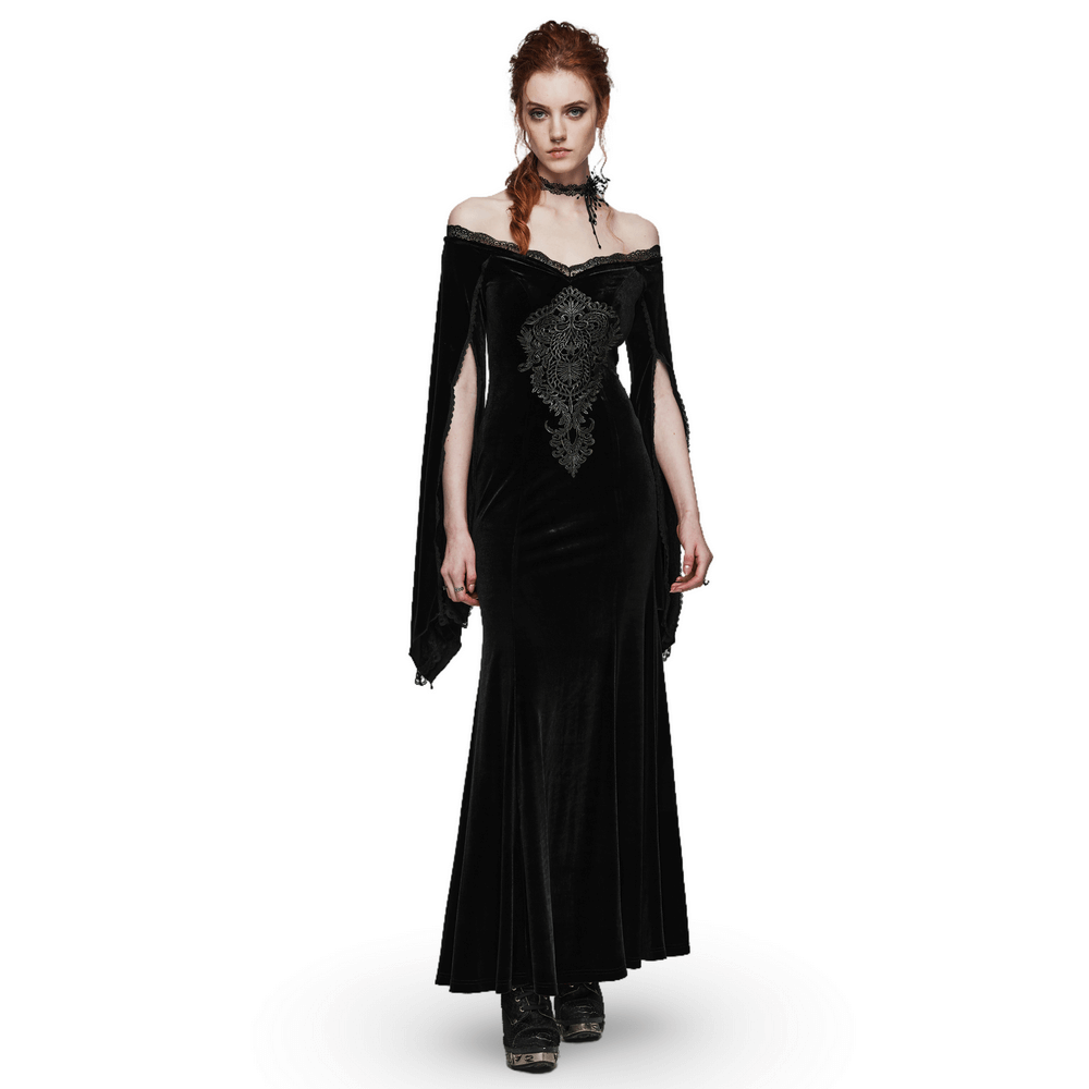 Elegant velvet lace goth dress with intricate decal and dramatic split sleeves.