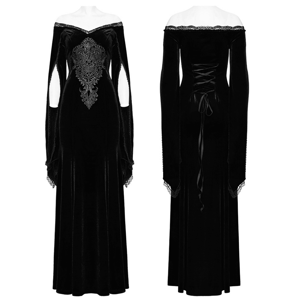 Elegant velvet lace gothic dress with intricate decal and split sleeves, perfect for special occasions.