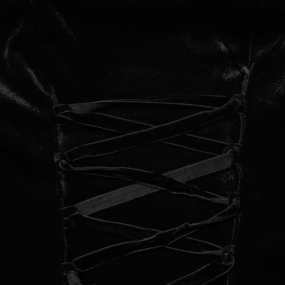 Close-up of elegant velvet lace goth dress showcasing intricate lacing detail on the front for an edgy look.