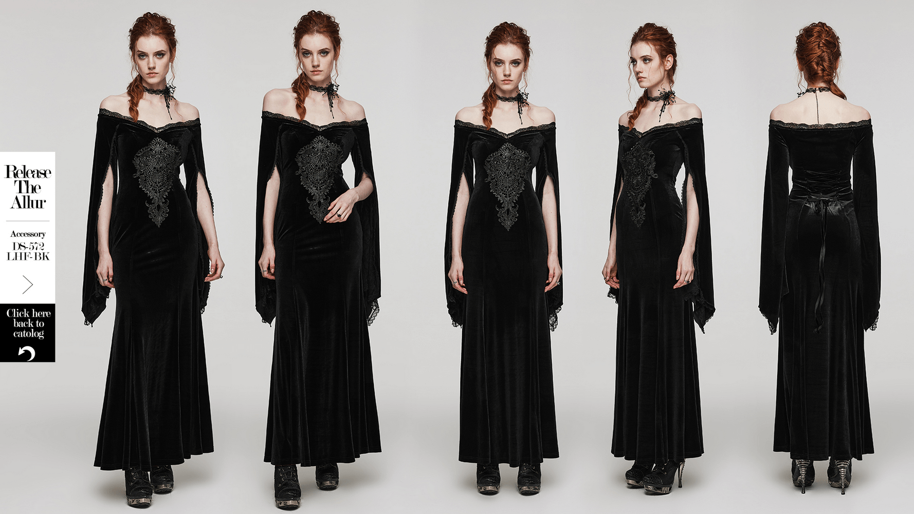 Elegant velvet lace goth dress featuring split sleeves and intricate decal detail, perfect for gothic fashion lovers.