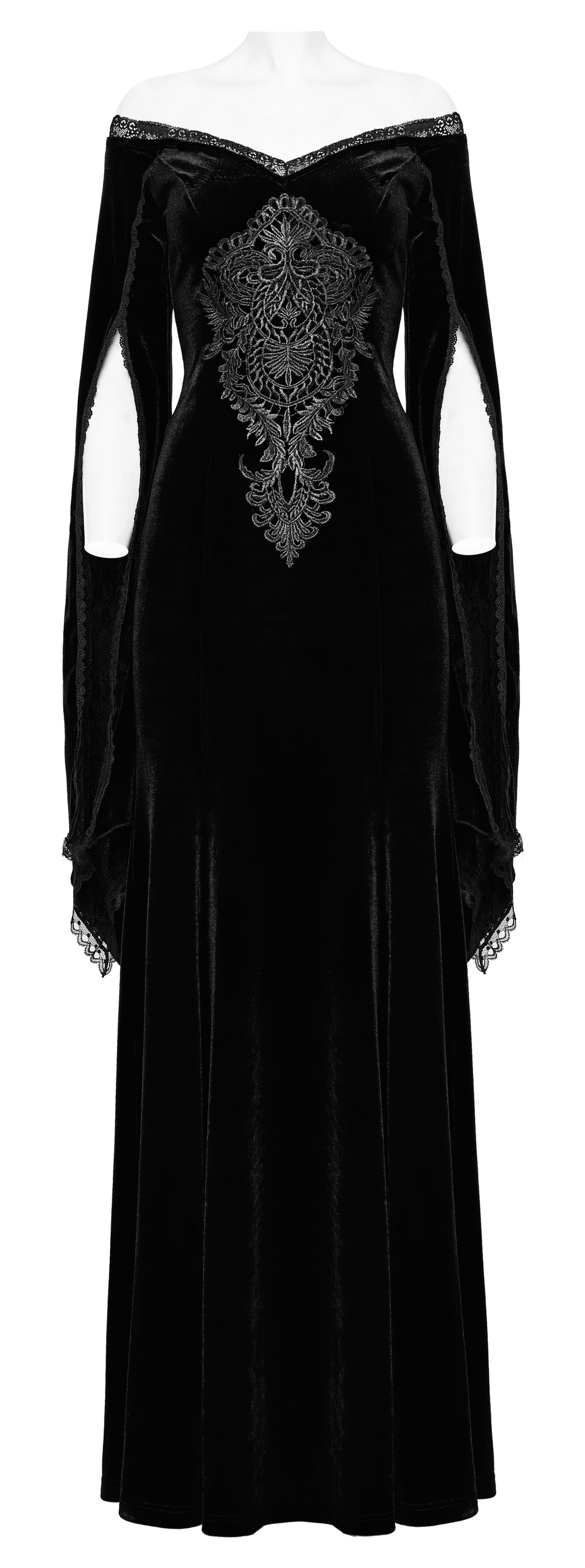 Elegant black velvet lace goth dress with intricate decal and dramatic split sleeves.