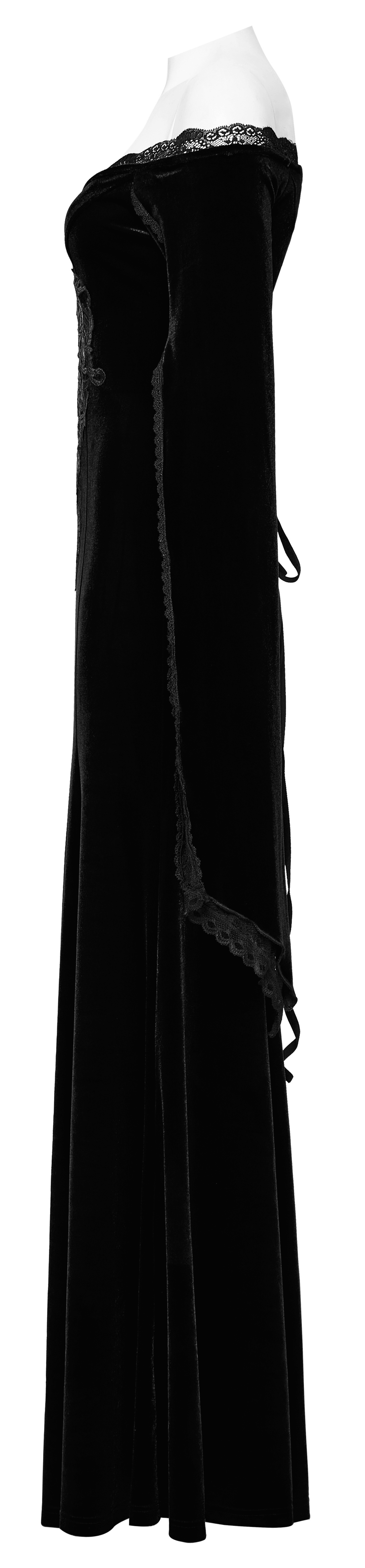 Elegant black velvet lace goth dress featuring split pointed sleeves and intricate decal detail.