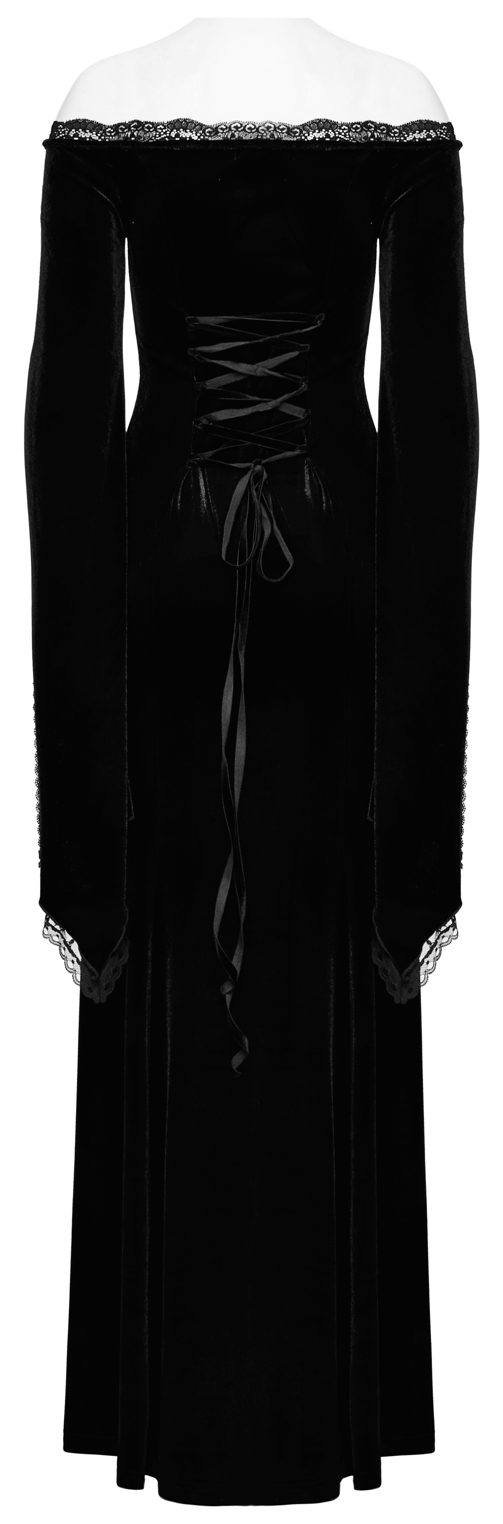 Elegant black velvet lace gothic dress with off-shoulder design and large split sleeves, showcasing intricate lace detailing.