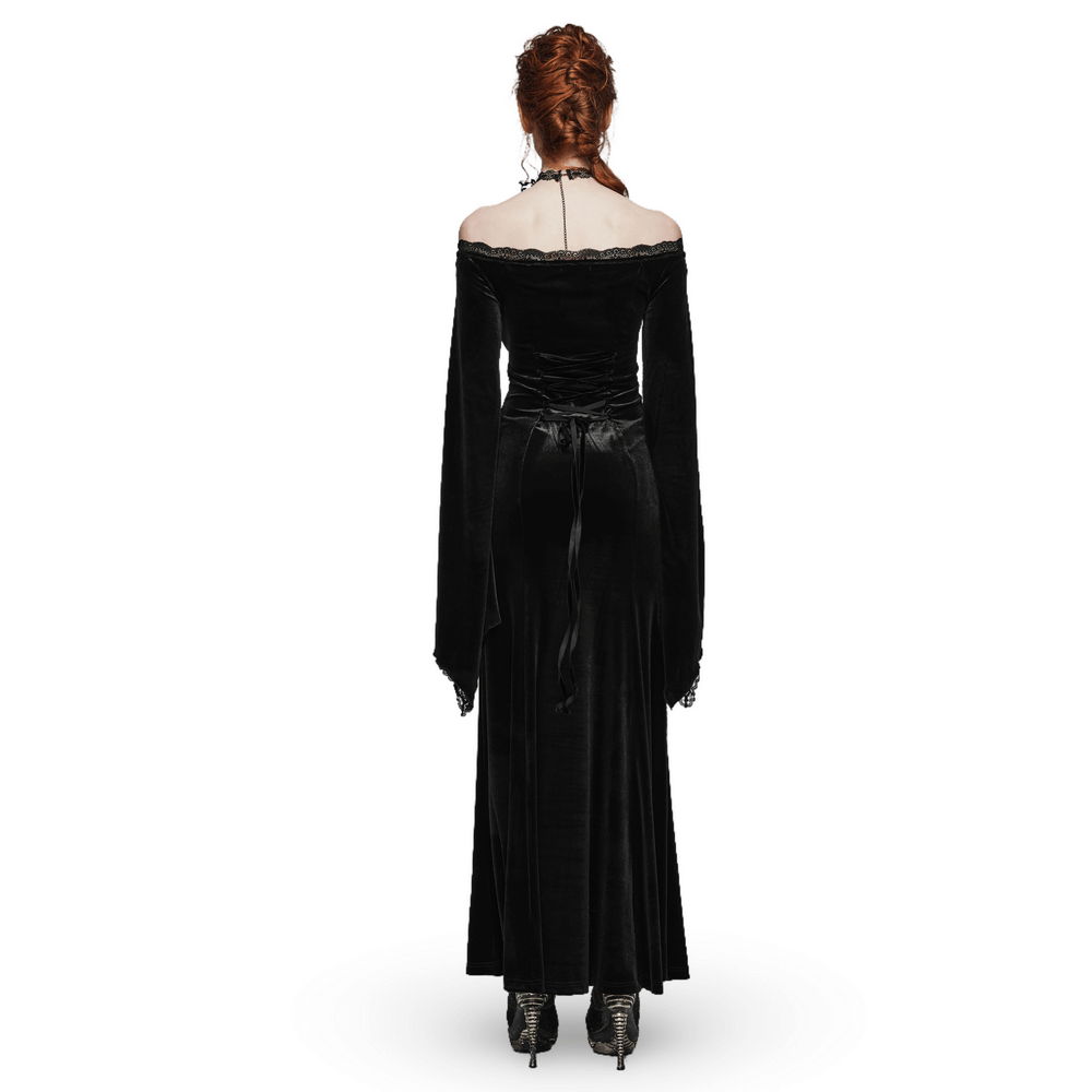 Back view of an elegant black velvet lace gothic dress with split sleeves and delicate lace trim.