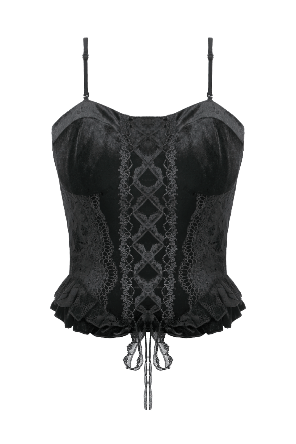 Velvet Lace Ruffled Bustier with Lace Trim and Lace-Up Back featuring intricate lace detail and a stylish ruffled hem.