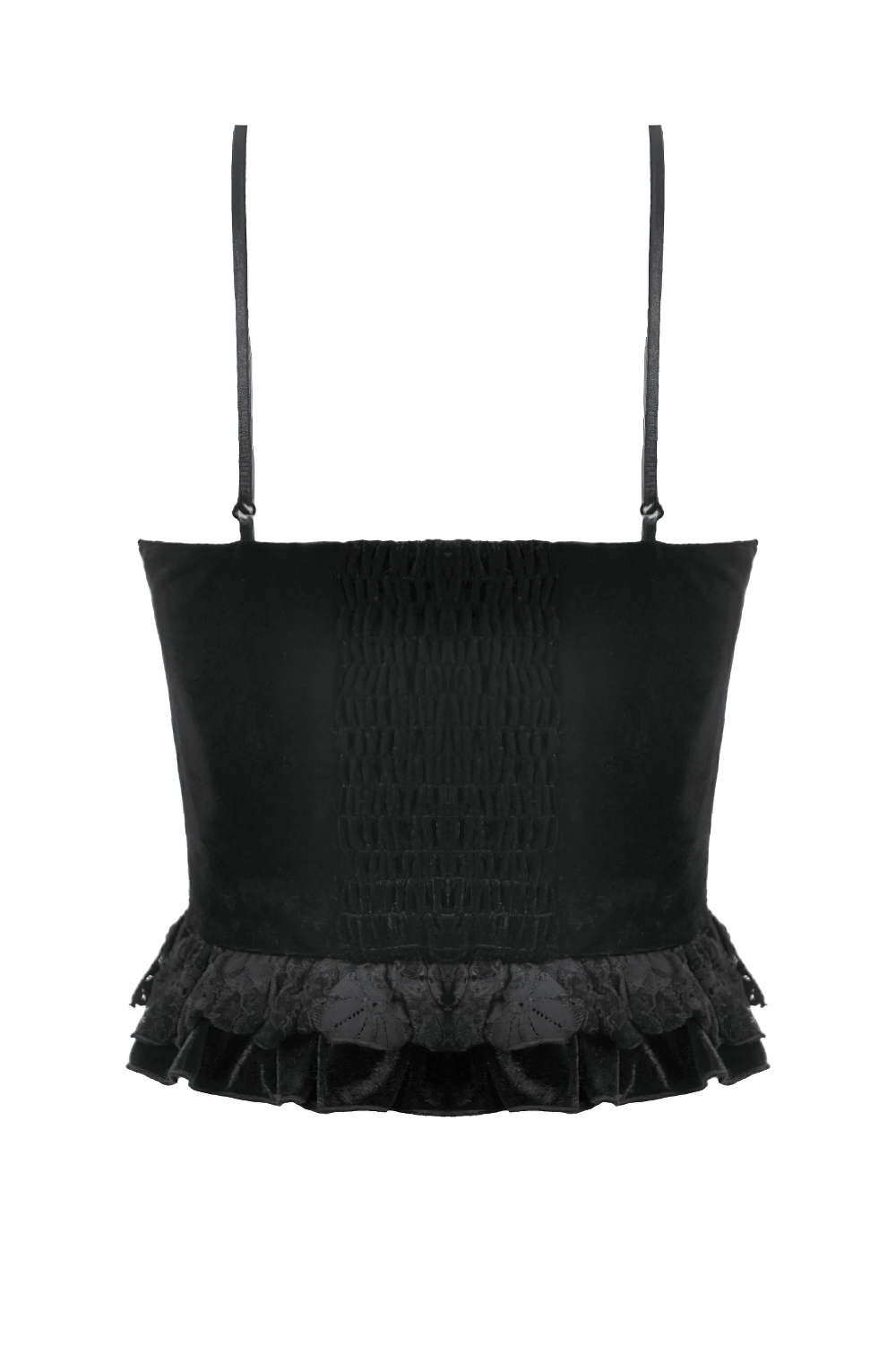 Velvet Lace Ruffled Bustier with Lace Trim and Lace-Up Back showcasing elegant design and detail.