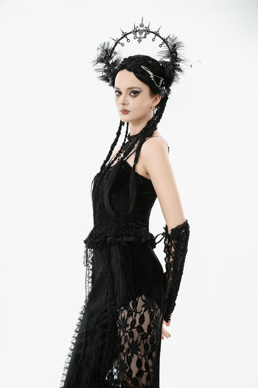 Model showcasing Velvet Lace Ruffled Bustier with Lace Trim and Lace-Up Back in elegant black attire.