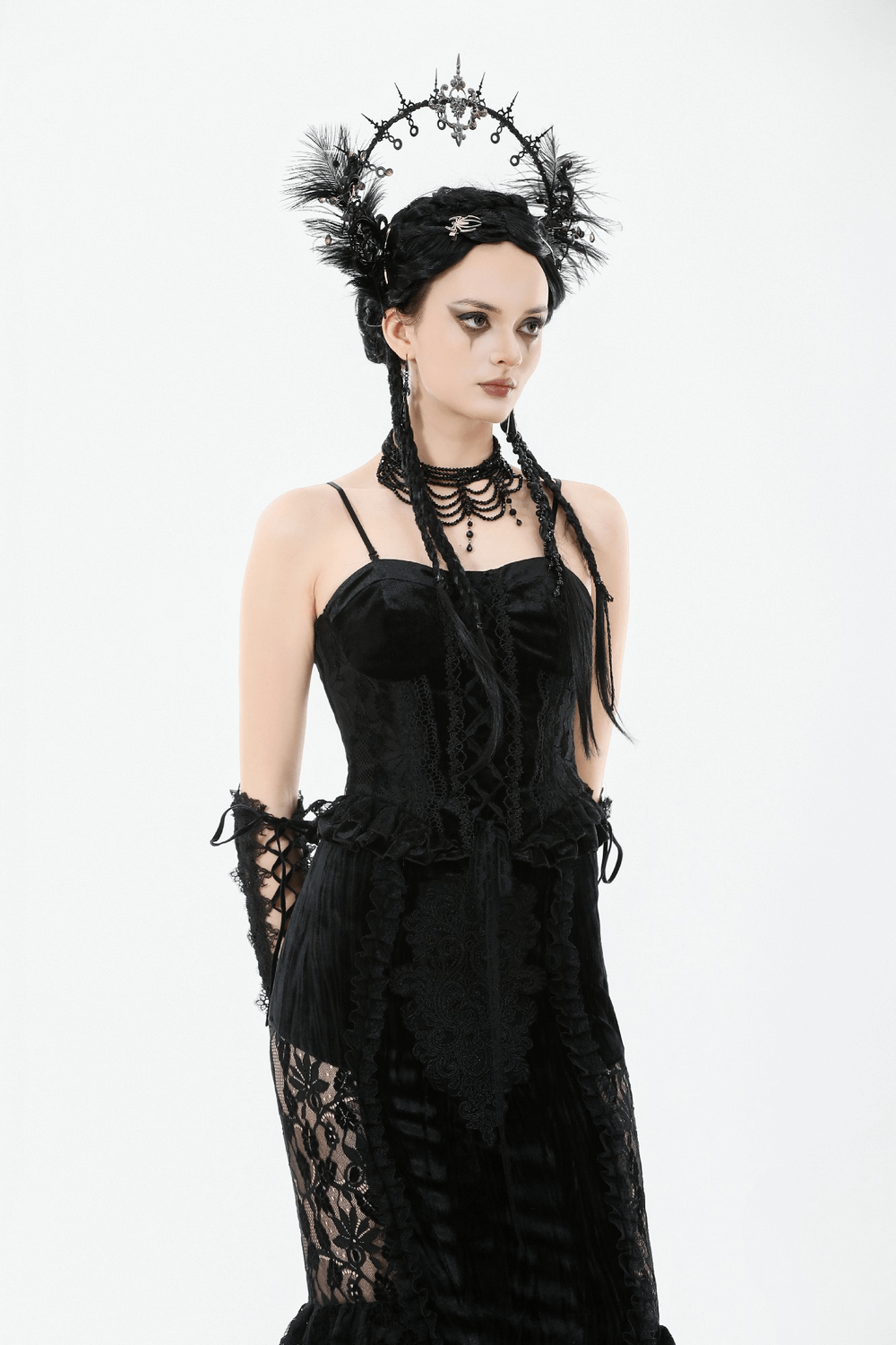 Velvet Lace Ruffled Bustier with Lace Trim and Lace-Up Back styled with gothic accessories.