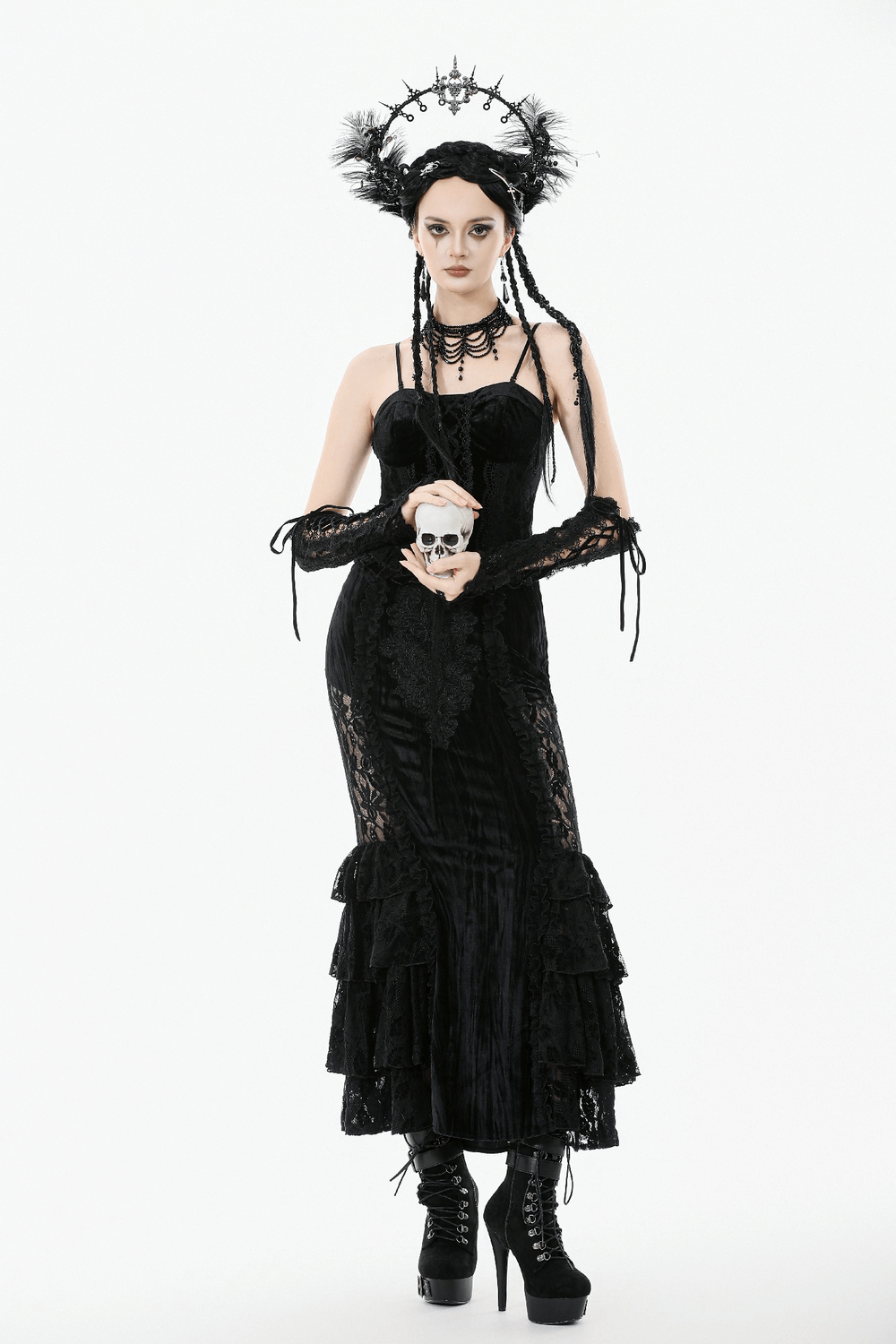 Velvet Lace Ruffled Bustier with Lace Trim and Lace-Up Back worn by model holding a skull.