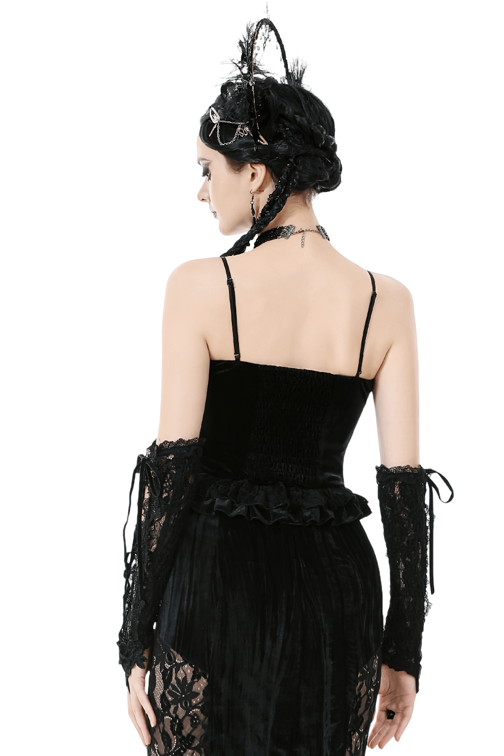 Back view of a model wearing a Velvet Lace Ruffled Bustier with Lace Trim and Lace-Up Back.