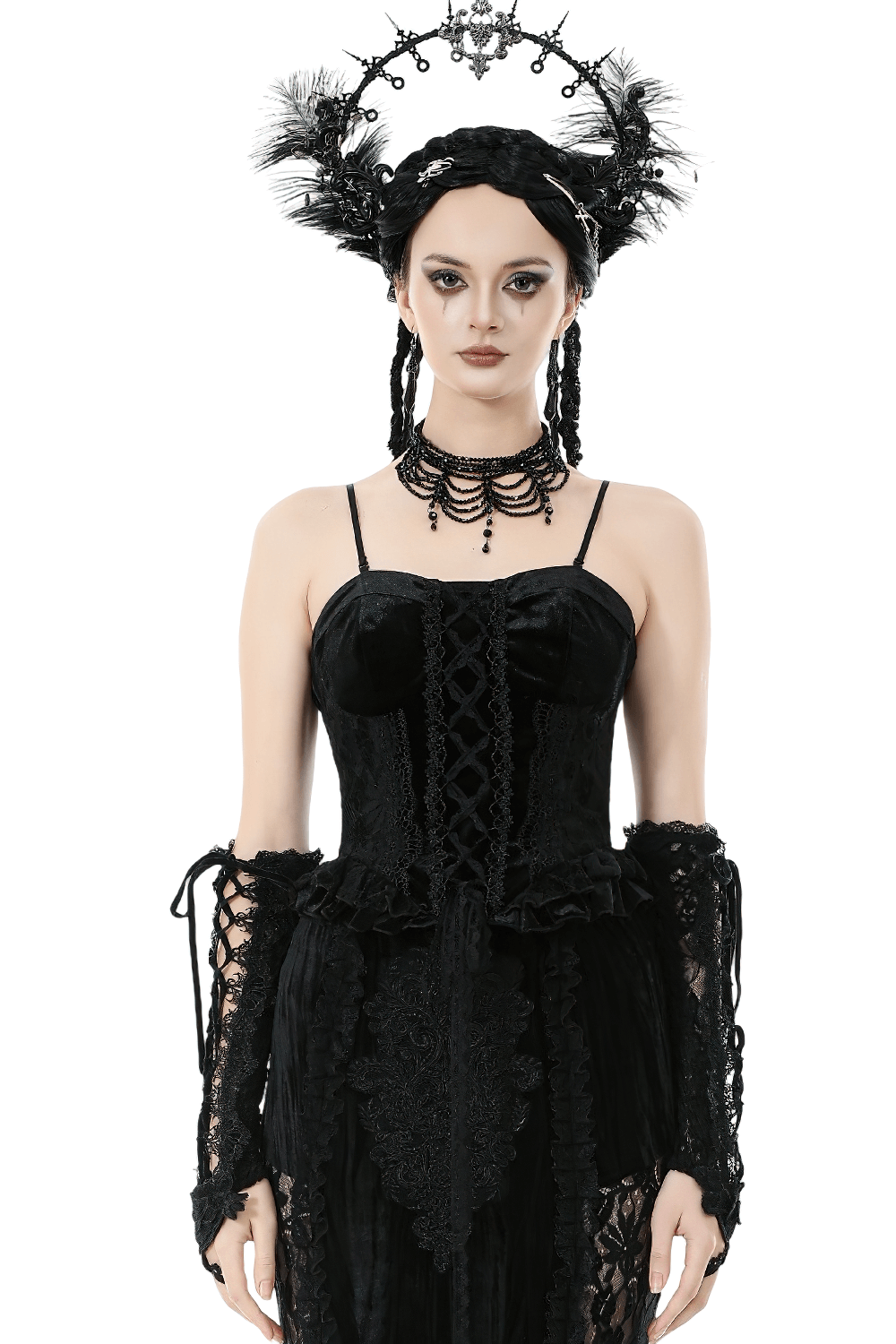 Velvet Lace Ruffled Bustier with Lace Trim and Lace-Up Back modeled by a model in a gothic outfit with accessories.