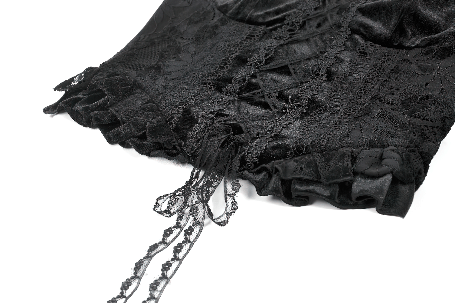 Velvet Lace Ruffled Bustier with Lace Trim and Lace-Up Back showcased on a white background, highlighting intricate details.