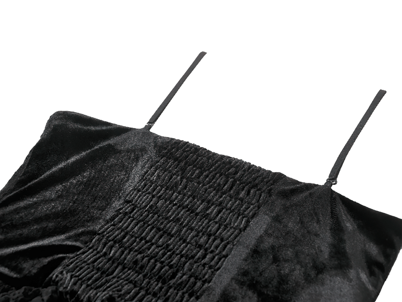 Velvet Lace Ruffled Bustier with Lace Trim and Lace-Up Back showing black fabric and delicate straps.