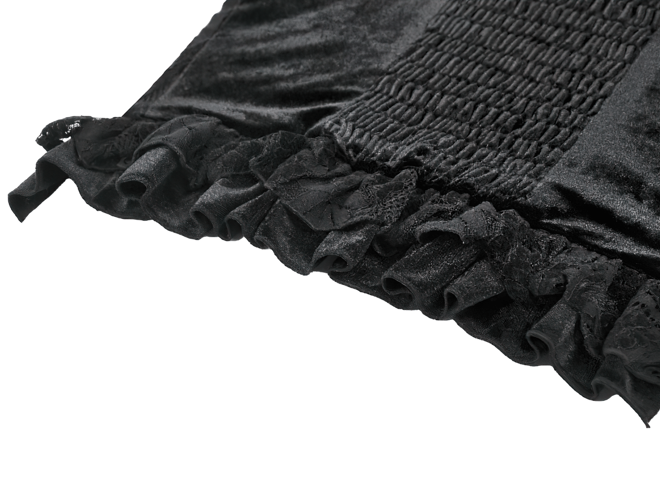 Velvet Lace Ruffled Bustier with Lace Trim and Lace-Up Back detail showing lace ruffles and texture.