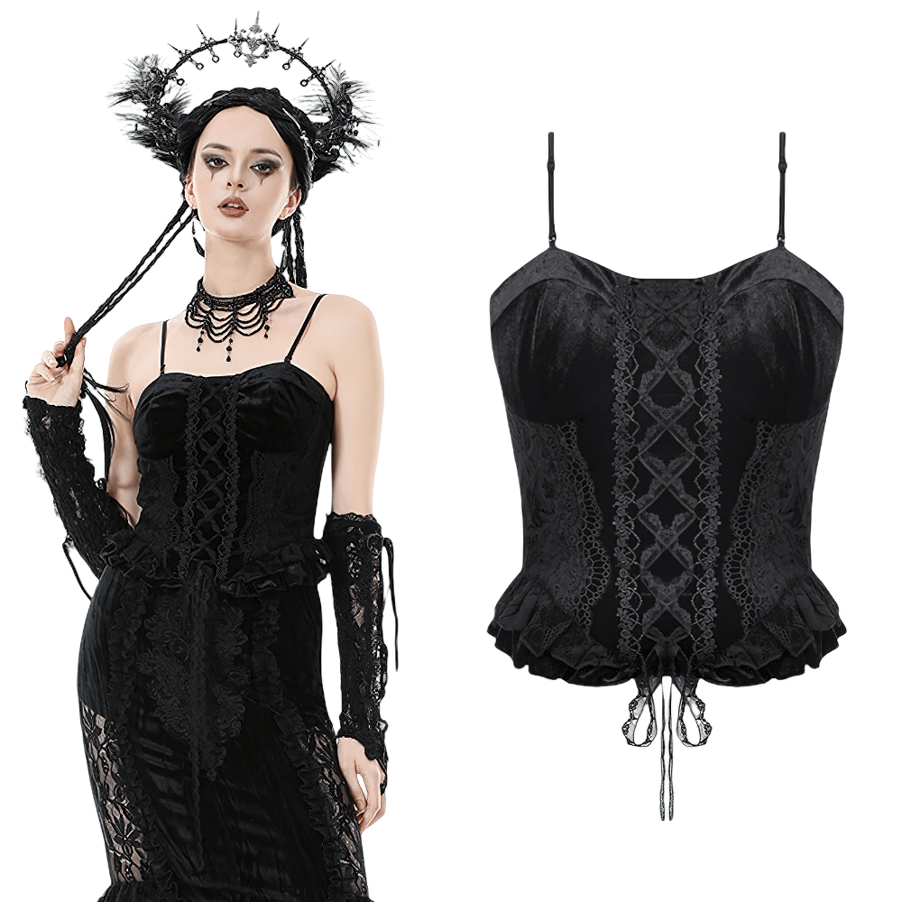 Velvet Lace Ruffled Bustier with Lace Trim and Lace-Up Back showcased on a model in a striking gothic fashion.