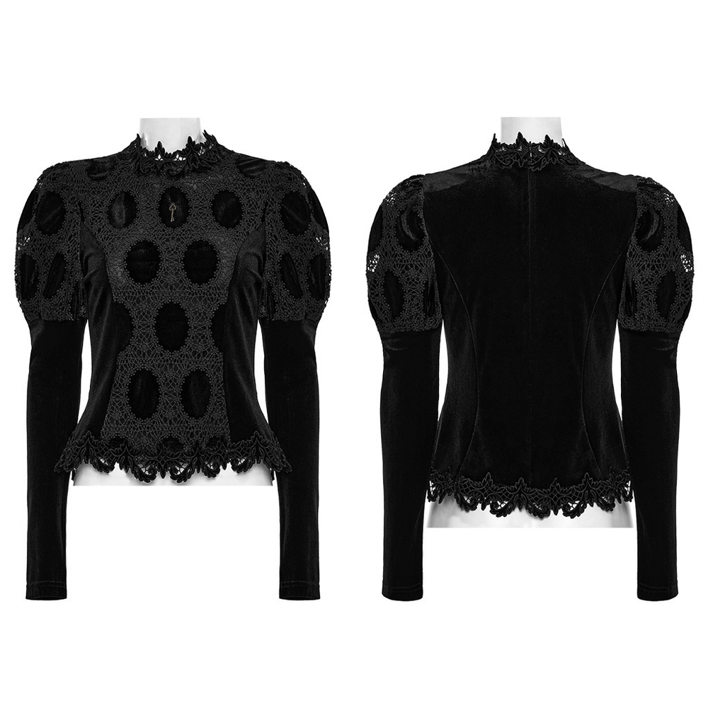 Stylish black velvet lace top featuring puff sleeves and intricate charm detail, perfect for chic outfits.