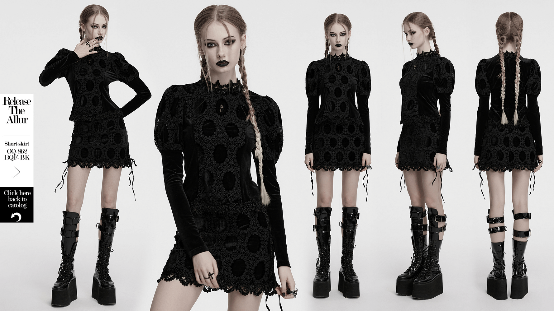 Stylish model showcasing a black velvet lace top with puff sleeves and key charm details, perfect for edgy fashion.