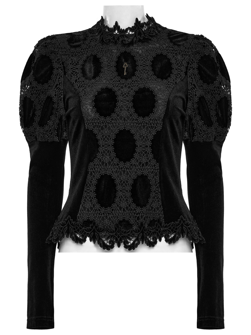 Elegant black velvet lace top with puff sleeves and key charm detail, perfect for stylish occasions.