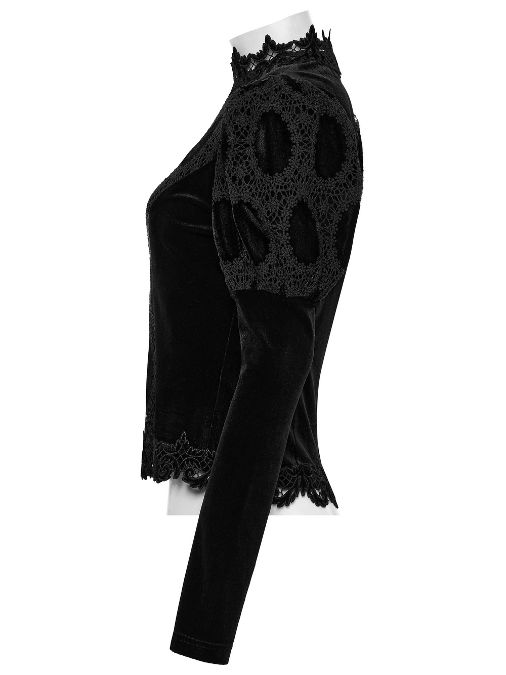 Stylish black velvet lace top with puff sleeves and intricate key charm detail, perfect for elegant occasions.