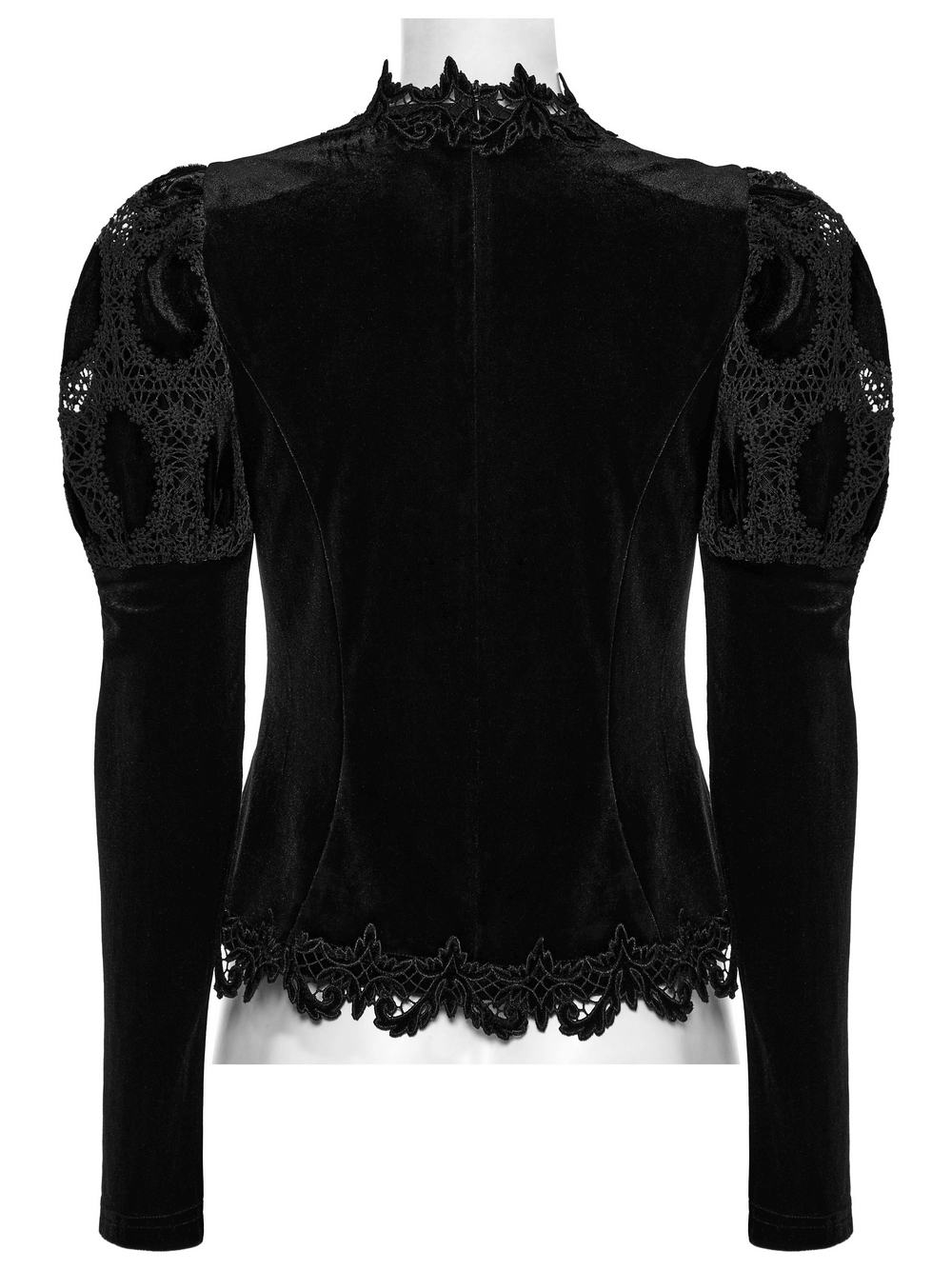 Elegant black velvet lace top with puff sleeves and intricate lace detailing, featuring a stylish key charm.