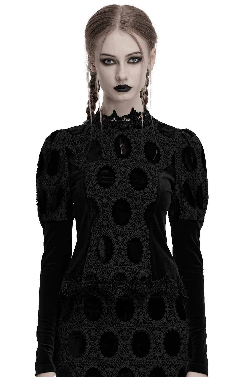 Elegant velvet lace top featuring puff sleeves and a key charm, perfect for a gothic-inspired outfit.