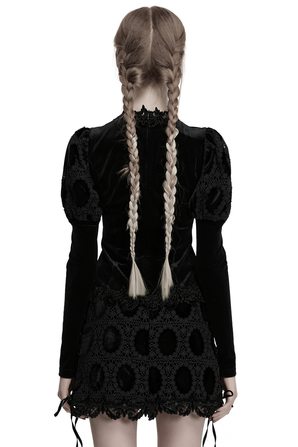 Back view of a stylish velvet lace top with puff sleeves and key charm, showcasing elegant braids and intricate details.