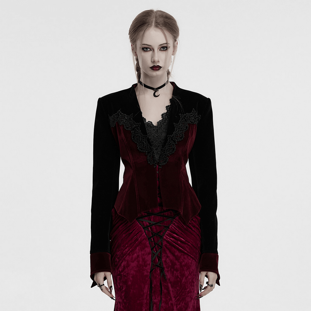 Victorian-inspired gothic bat hem jacket in deep red velvet with lace details, perfect for a darkly elegant wardrobe.