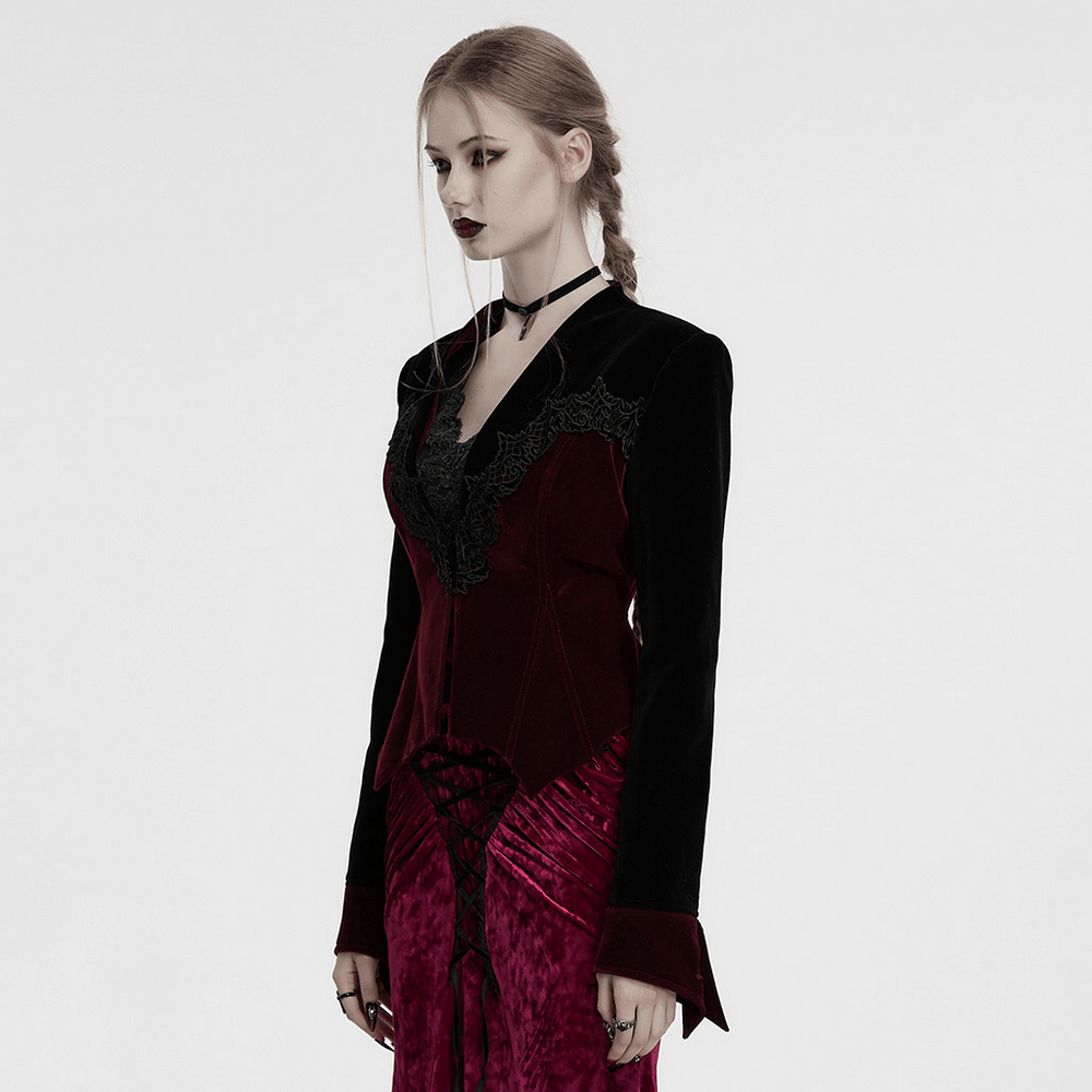 Victorian-inspired velvet jacket with lace details and bat hem, perfect for gothic fashion enthusiasts.