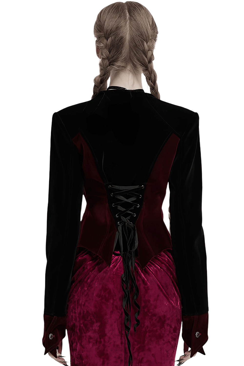 Back view of a Velvet Lace-Up Gothic Jacket with bat hem and lacing details, showcasing its elegant silhouette.