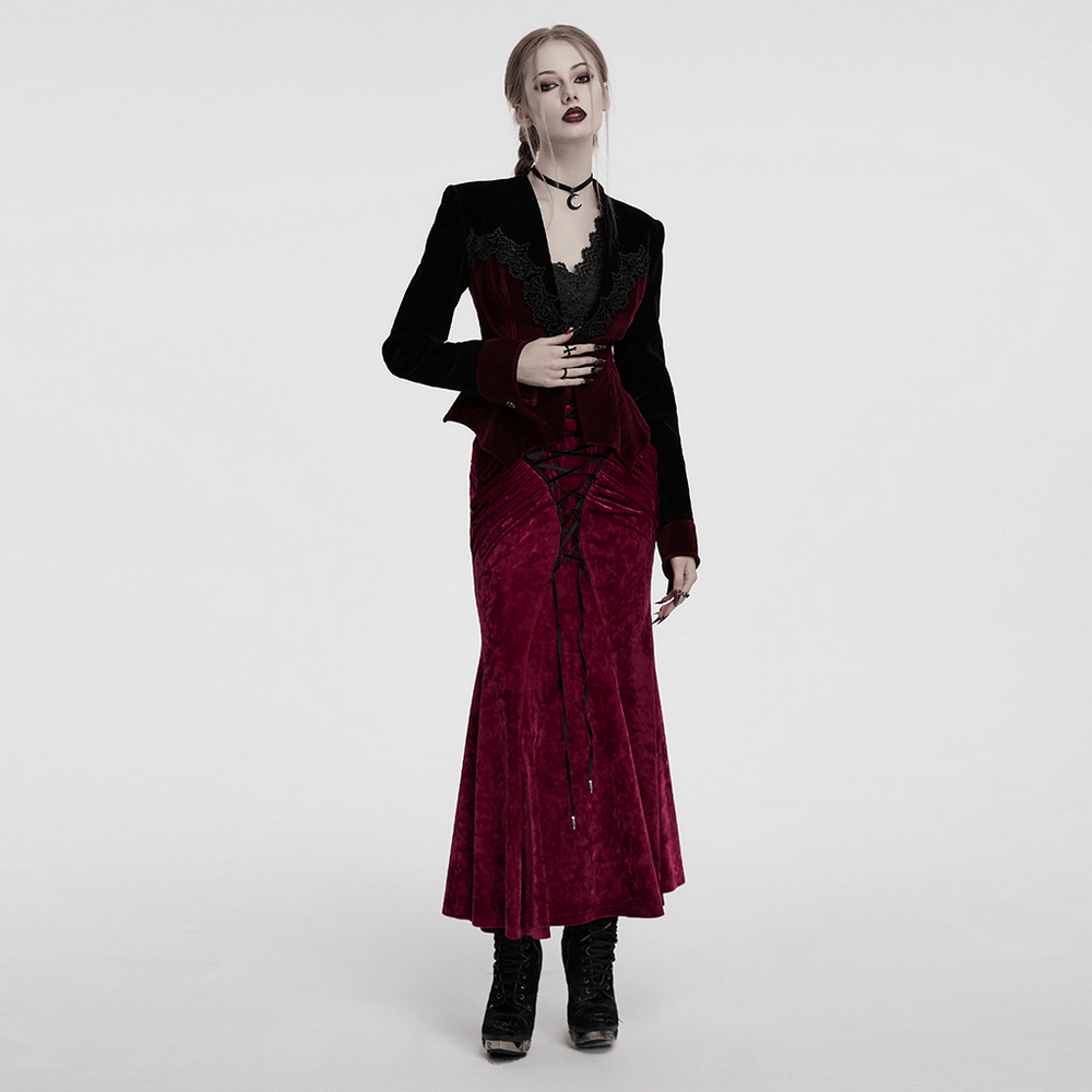 Gothic velvet lace-up bat hem jacket with deep V-neckline and tailored fit, perfect for a Victorian-inspired wardrobe.