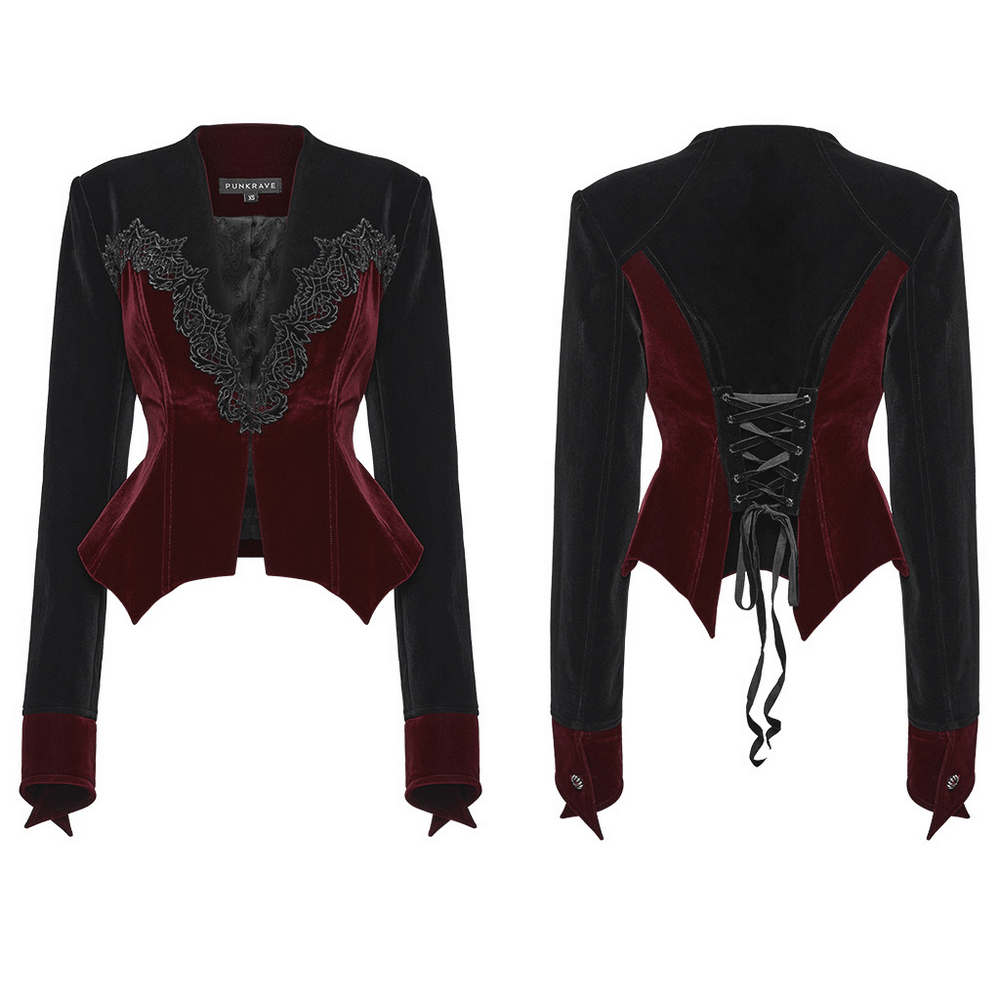 Victorian-inspired velvet bat hem jacket with lace detailing and stylish lacing at the back, perfect for gothic fashion.