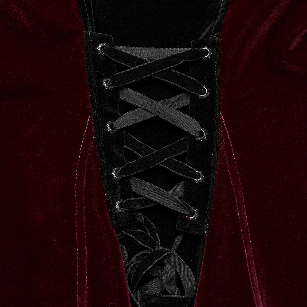 Close-up of the velvet lace-up detailing on a gothic bat hem jacket, showcasing intricate lacing and luxurious texture.