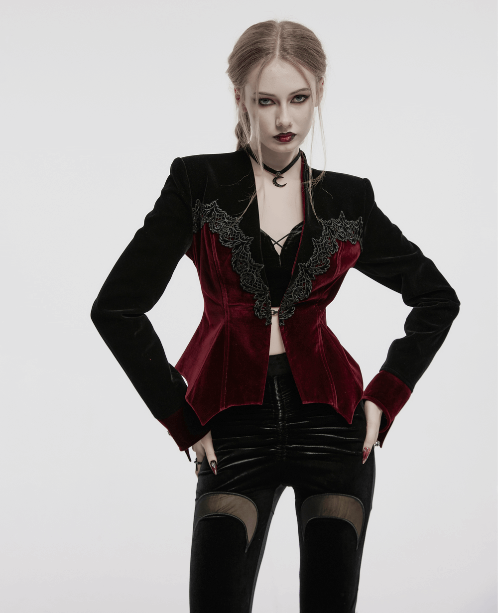 Victorian-inspired gothic velvet lace-up bat hem jacket with deep V-neckline and gemstone embellishments.