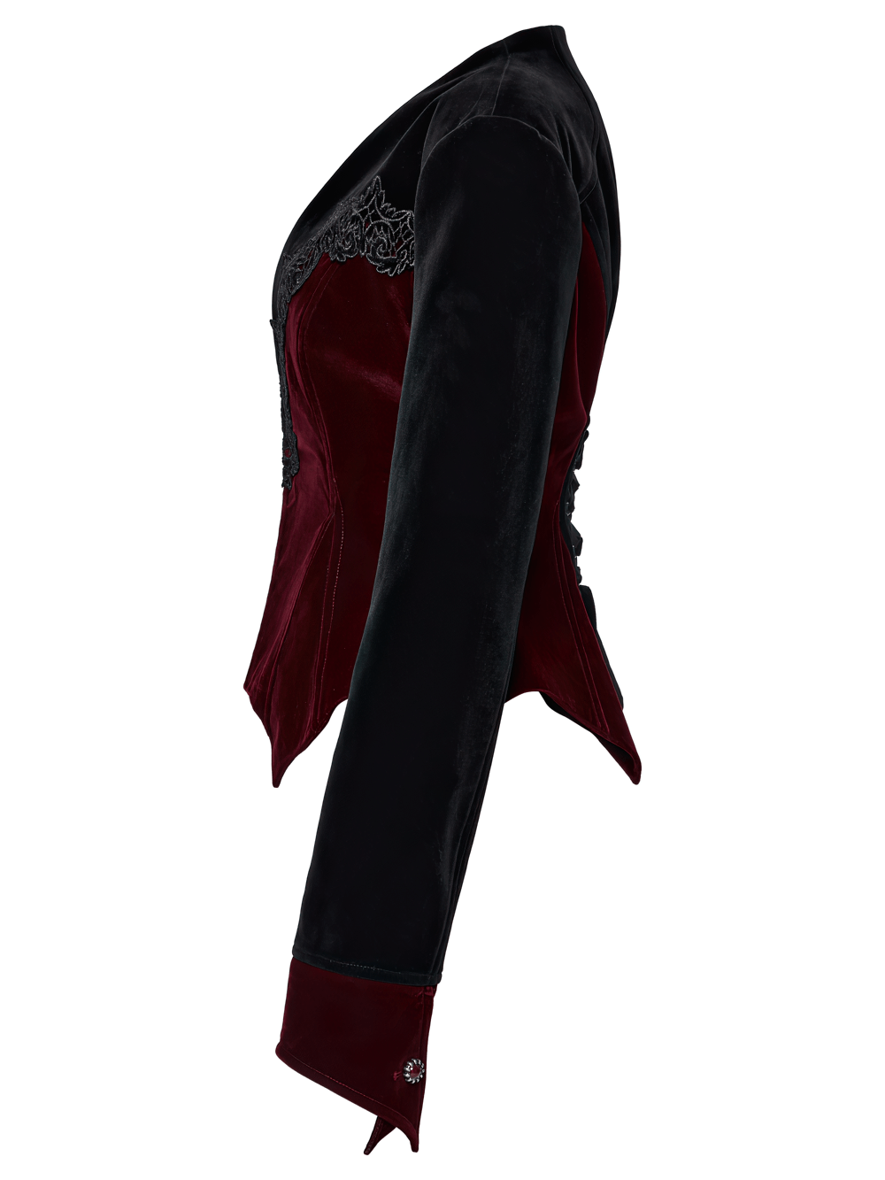 Victorian-inspired velvet goth jacket with bat hem, cinched waist, and lace details, perfect for gothic fashion enthusiasts.
