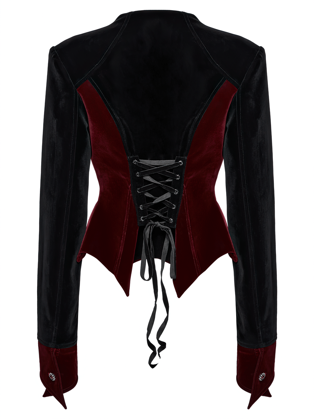 Victorian-inspired velvet Gothic jacket with bat hem and lace-up back detail, perfect for a darkly elegant wardrobe.