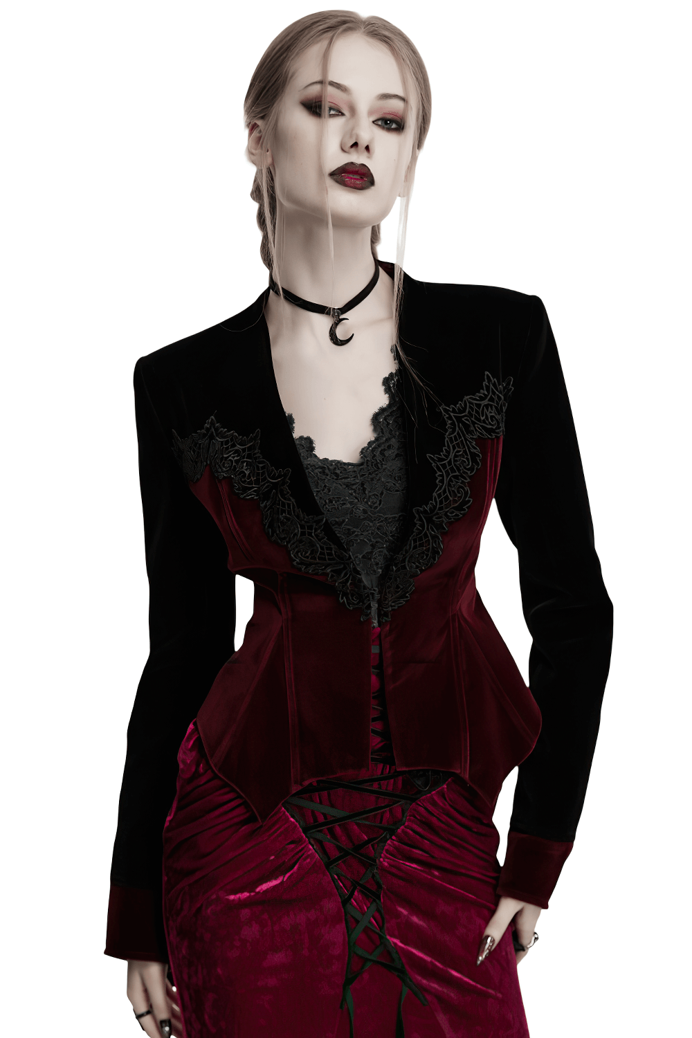 Gothic velvet lace-up jacket with bat hem and deep V-neckline, tailored for a darkly elegant look.
