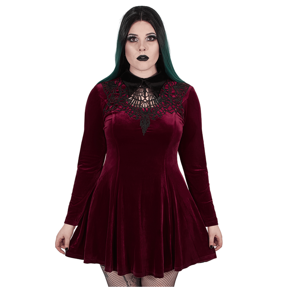 Gothic elegance with a velvet lace-up dress featuring a delicate lace chest and flowing skater silhouette.