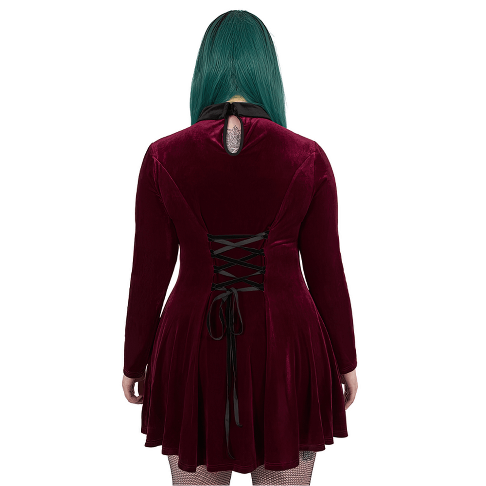 Back view of a stylish burgundy velvet lace-up dress, showcasing the adjustable ribbon and skater silhouette, perfect for goth fashion.