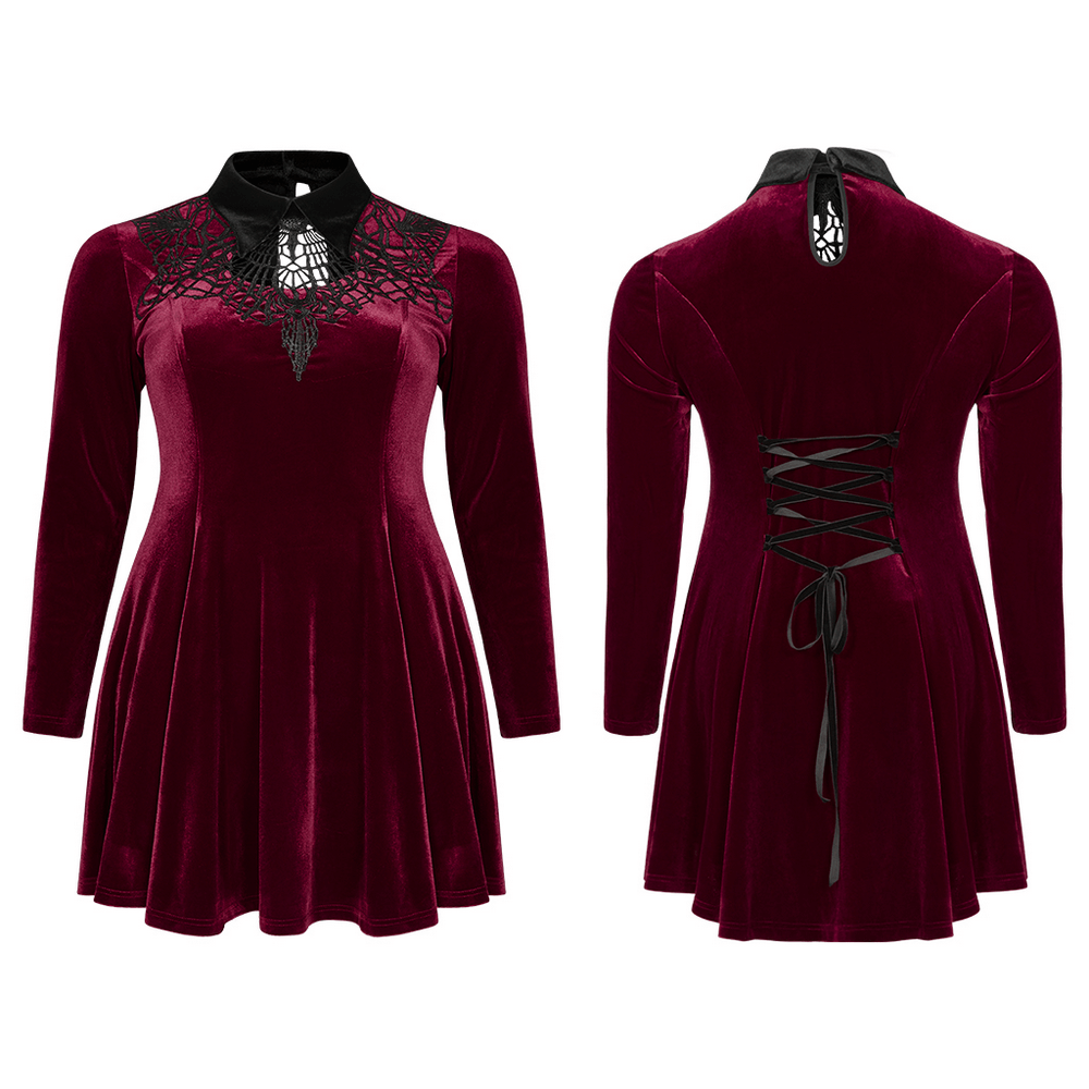 Elegant gothic velvet lace-up dress featuring a skater silhouette and intricate hollowed-out chest design.