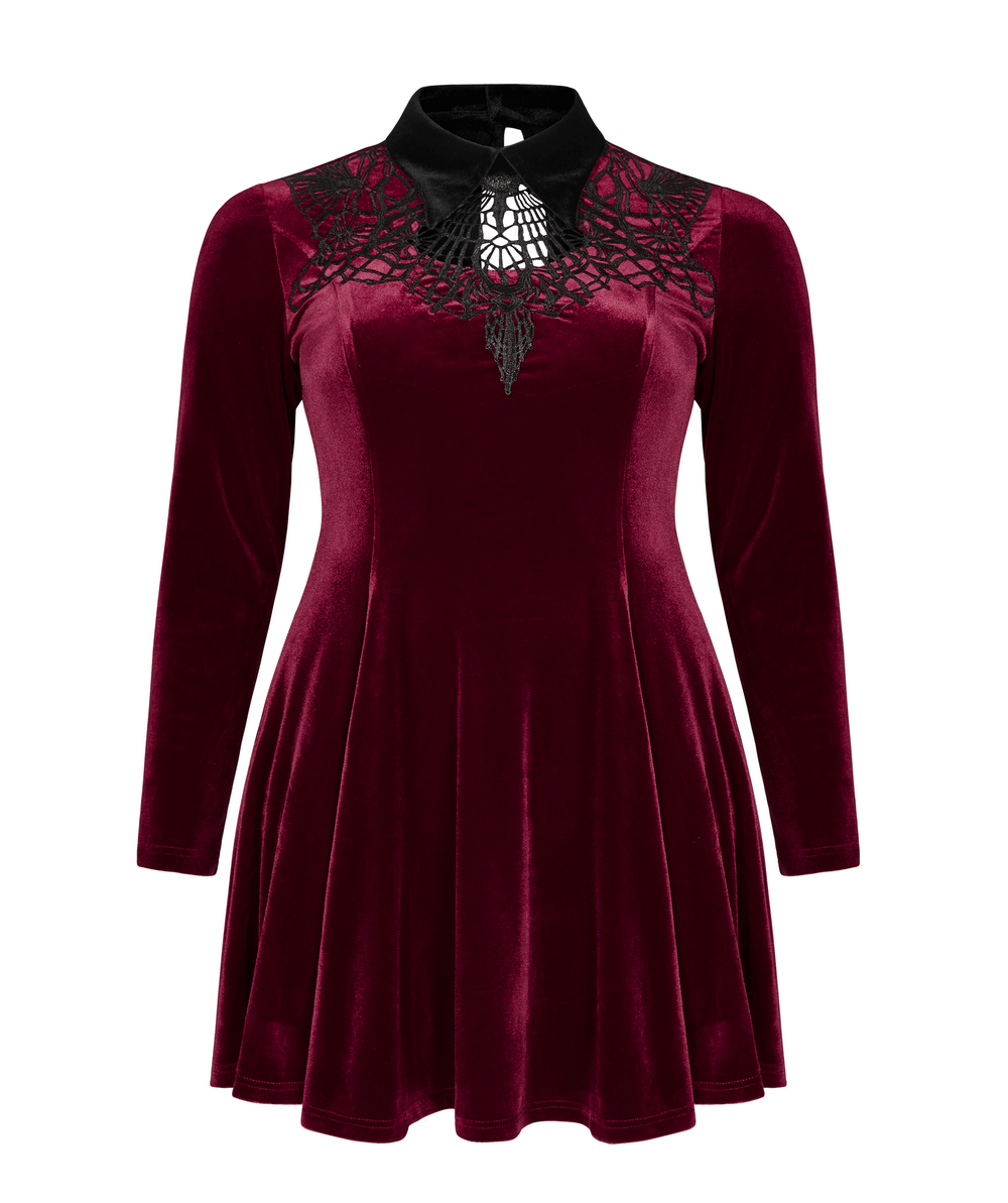 Fashionable velvet gothic dress with lace detailing and skater silhouette in deep burgundy.
