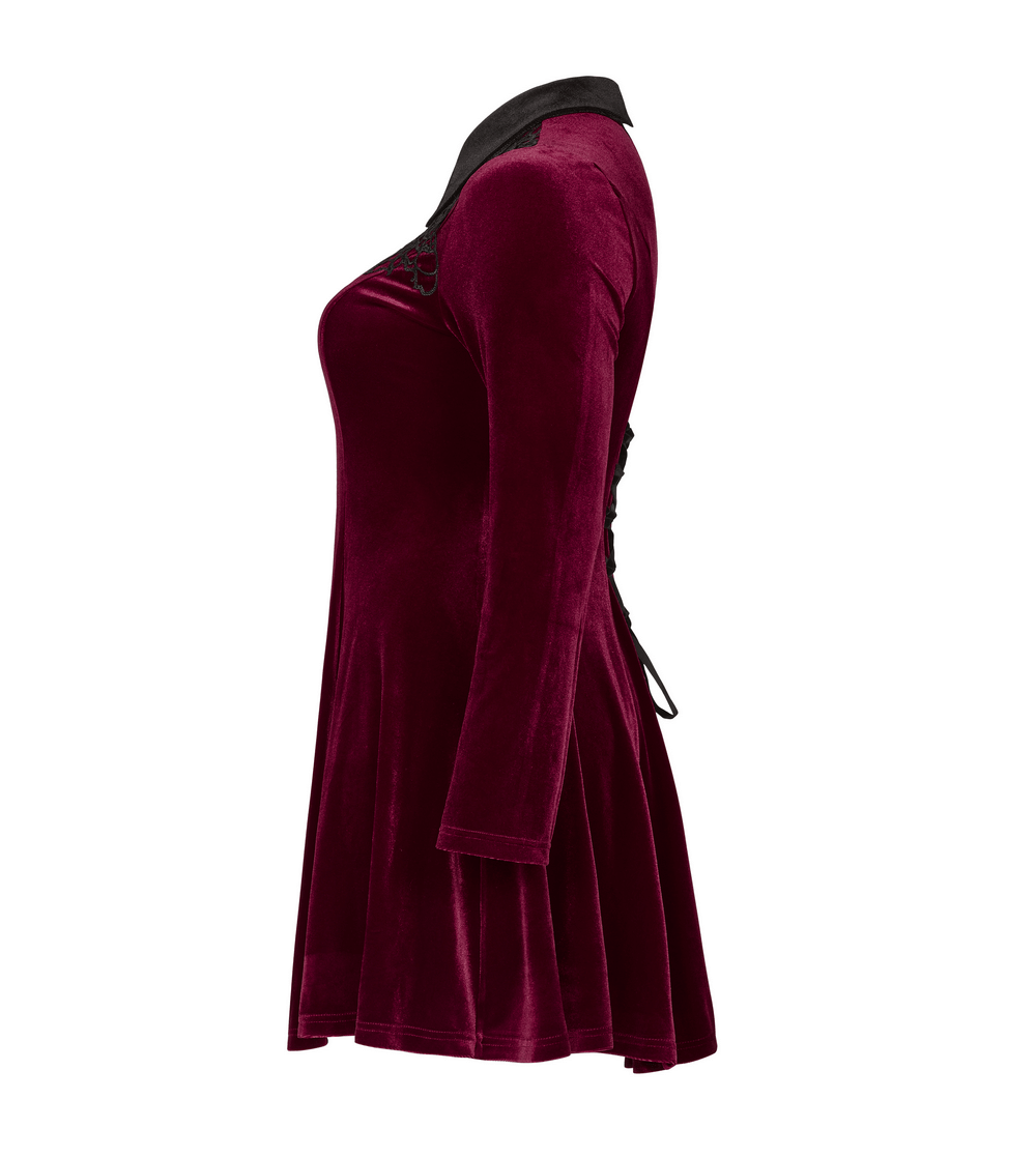 Elegant gothic velvet lace-up dress in burgundy, showcasing a skater silhouette and hand-sewn detailing.