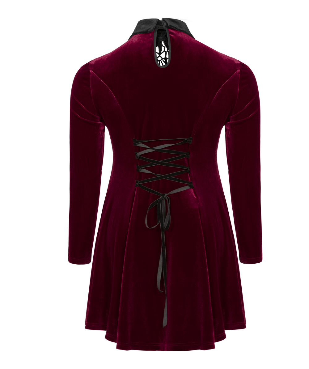 Back view of a fashionable velvet lace-up dress in deep burgundy, featuring adjustable ribbon tie and gothic design.