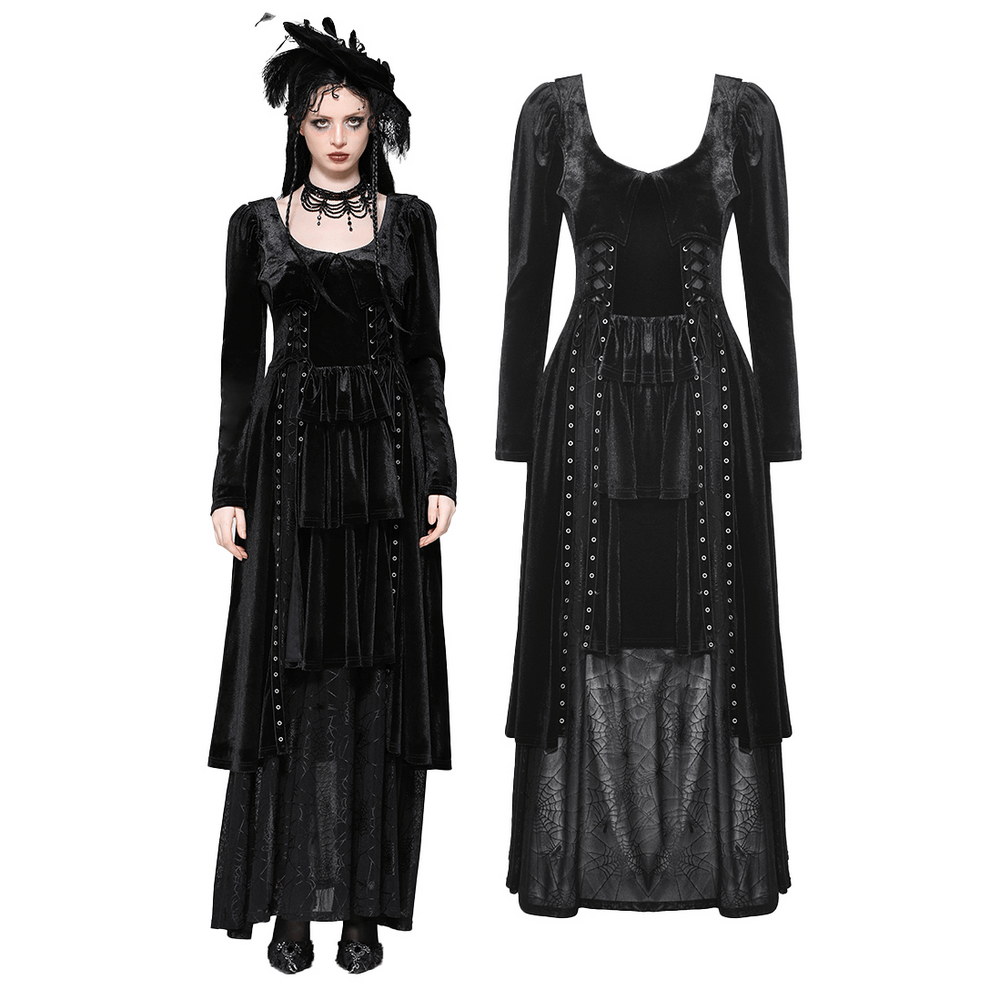 Victorian-inspired gothic velvet dress with lace-up details and mesh panels, perfect for dark romance and cosplay events.