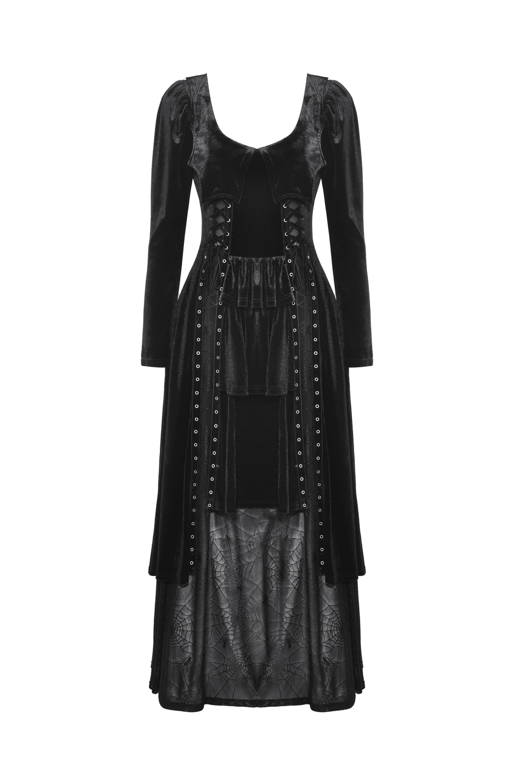 Elegant black velvet gothic dress with lace-up details and spiderweb mesh panels, perfect for Victorian-themed events.