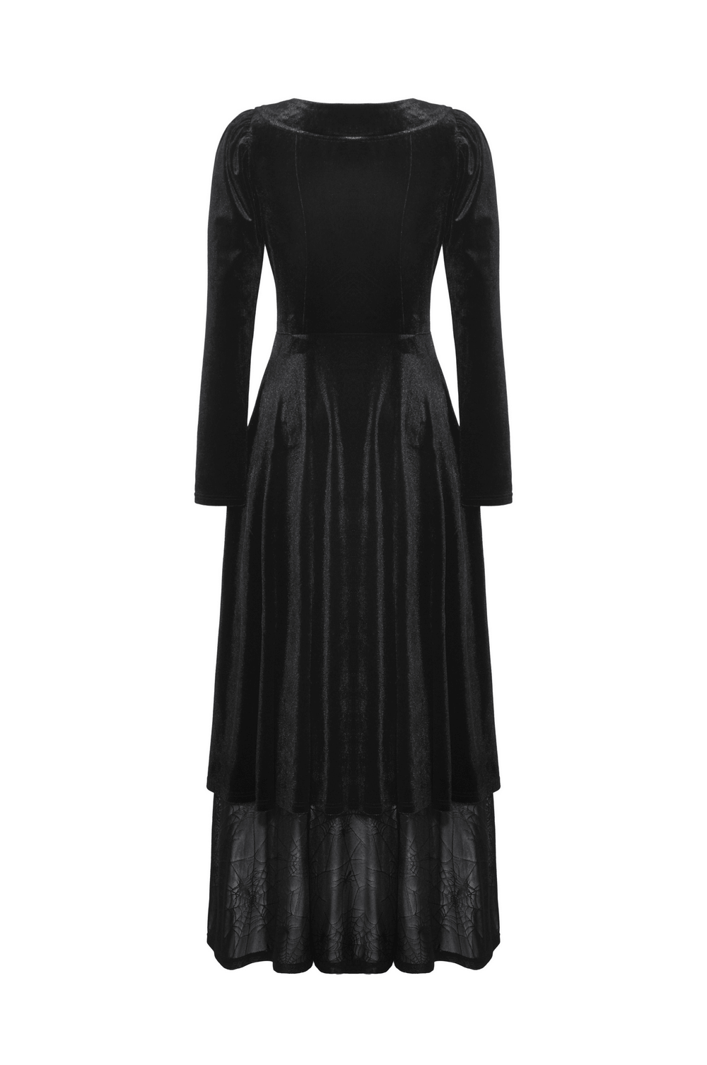 Back view of a Victorian-inspired black velvet gothic dress with mesh panel skirt and long sleeves. Perfect for dark romance.